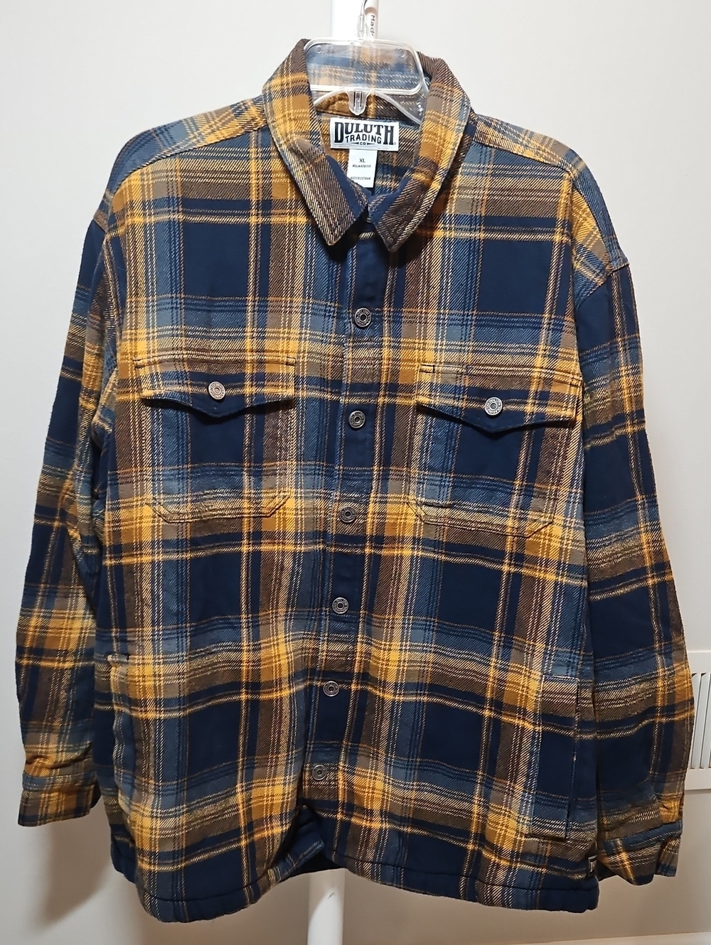 Duluth Trading Co XL Navy and Mustard Plaid Shirt Jacket